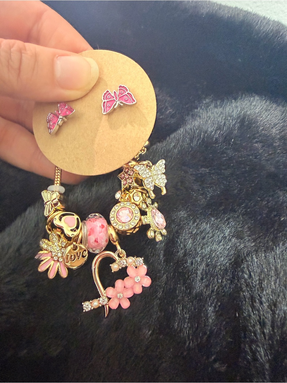 Gold-Tone Pink Floral & Butterfly Charm Bracelet with Pink Stud Earrings